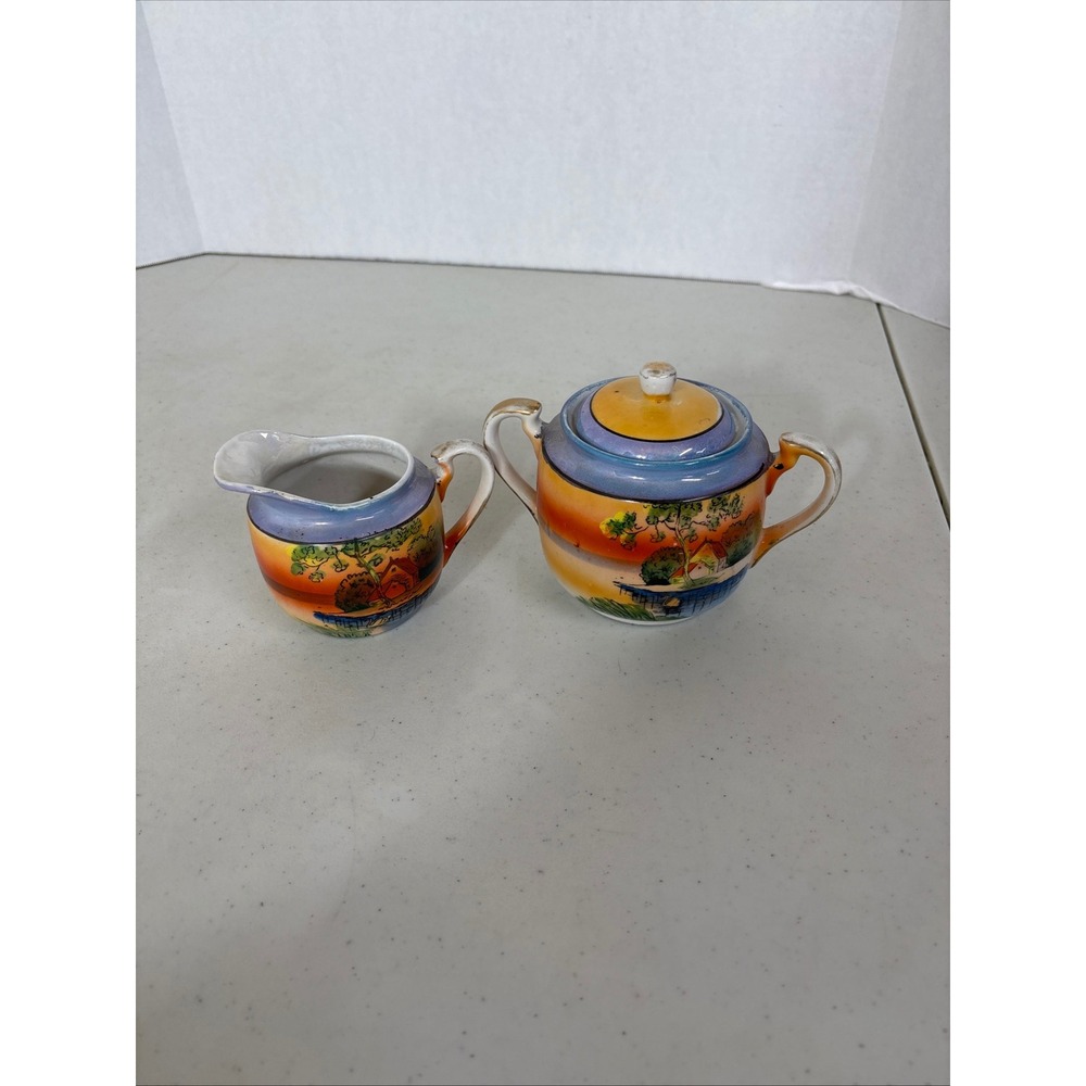 Vintage Hand Painted Sugar Bowl and Creamer Set‎ Asian Landscape Design